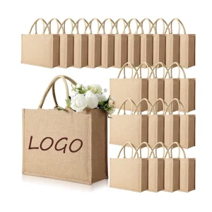Natural Jute Eco friendly Reusable CMYK Color Letter Pattern Shoulder Strap Shopping Bag Medium Size Grocery Gift Wedding Bag