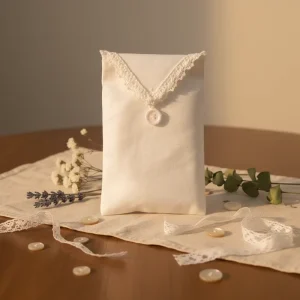 New Design Recyclable Cotton Linen Lace Envelope Button Closure Jewelry Cosmetic Bag Custom Logo Wallet Packing Pouch