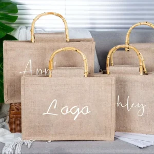 New Fashion Portable Jute Tote Bag With Bamboo Handle Daily Use Burlap Bag Packaging Customizable Printable Logo