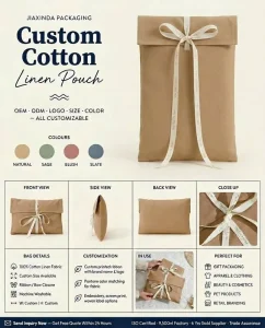 Organic Cotton Linen Flap Envelope Dust Bag Custom Logo Printed Ribbon Bow Clothes Handbag Packaging Pouch