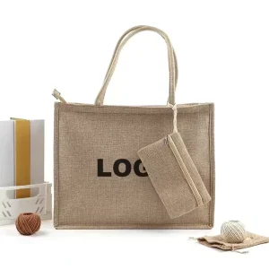 Personalized Customizable Shopping Plain Burlap Jute Tote Bag With Logo Rope Handle And Snap Button Closure