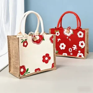 Personalized Logo Natural Jute Carrier Bags With Handles Sturdy Casual Shopper for Market Travel Everyday Use