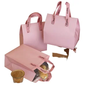 Pink Insulated Moisture Proof Non Woven Fabric Salad Takeaway Packaging Bag with Custom Logo and Patch Handle