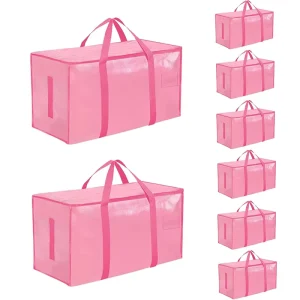 Pink Waterproof Storage Totes with Handles and Zippers, Foldable Extra Large Heavy Duty Moving Bags for College Dorm