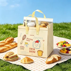 Portable Non Woven Food Delivery Tote Bag Insulated Thermal Cooler for Bakery Pastry Gift Box Fast Food Takeout Packaging