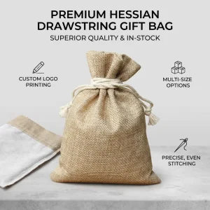 Premium Eco Friendly Hessian Drawstring Pouch with Custom Logo and Silk Screen Printed Gift Bag for Jewelry and Soap Packaging
