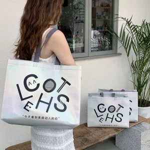 Ready made No MOQ Metallic Laminated pp Non Woven Shopping Bag Gold Non Woven Dress Packaging Tote Bag Advertising Bag