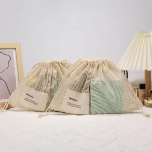 Recyclable 100% Cotton Mesh Eco Drawstring Pouch Bags With Custom Printing