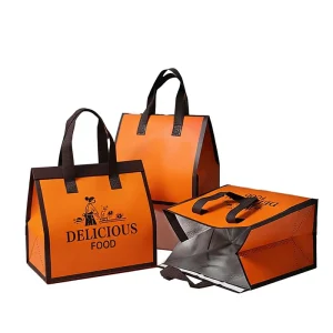 Recyclable Custom Logo Pink Salad Take Away Insulated Moisture Proof Non woven Fabrics Packaging Bag Patch Handle