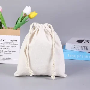 Recycled Fabric Small Drawstring Bag Green Custom Logo Gift Linen Canvas Pouch Organic Cotton Drawstring Bags