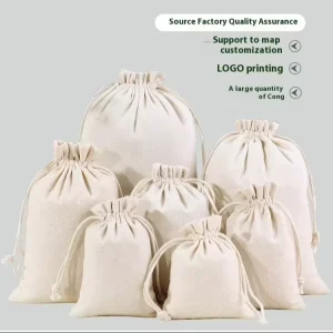 Recycled Muslin Cotton Canvas Fabric Gift Packaging Pouch Flat Bottom Organic Soft Cotton Drawstring Bag with Custom Logo