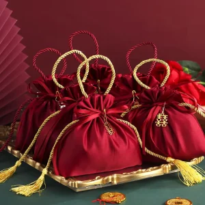 Red Fabric Silk Drawstring Pouch Sweet Candy Jewelry Gift Bag with Bowknot for Birthday Wedding Textile Packaging
