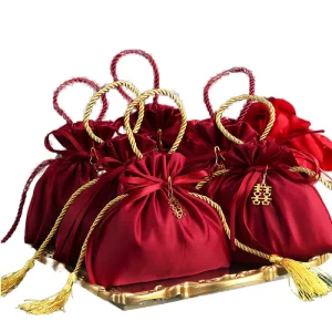 Red Fabric Silk Drawstring Pouch Sweet Candy Jewelry Gift Bag with Bowknot for Birthday Wedding Textile Packaging