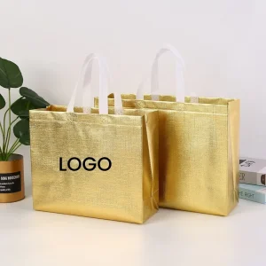 Reusable Tote Metallic Holographic Shiny Laminated Non Woven Shopping Bag Custom Logo Rope Handle Shoulder Closure Diamond