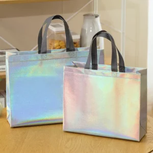 Shiny Rainbow Laser Reinforced Handle Non Woven Carrier Bags for Clothing Store Wedding Birthday Present Giveaway