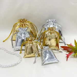 Small Gold and Silver Shiny Metallic Foil Drawstring Fabric Gift Bag for Presents Textile Packaging