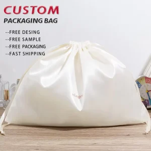 White Custom Printed Silk Satin Drawstring Pouch Bag Wig Extension Pouch Seal Textile Packaging
