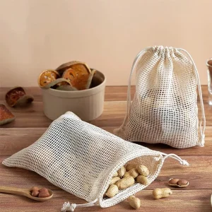 100% Organic Cotton Small Drawstring Bath Pouches Custom Logo Mesh Dust Bag for Soaps Fruits Packaging