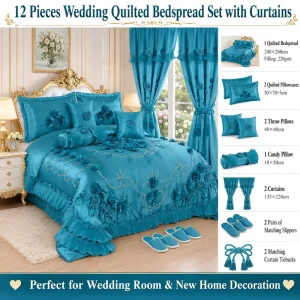 12 Pieces Wedding Quilted Bedspread Set with Curtains and Slippers Bridal Bedroom Set