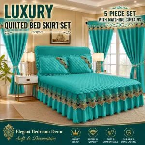 5 Piece Quilted Bed Skirt Set with Matching Curtains Luxury Bedroom Bedding Set