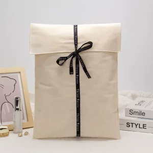 Biodegradable Custom Logo Printing Ribbon Muslin Envelope Clothes Quilt Storage Bag Large Natural Cotton Flap Dust Pouch