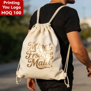 Biodegradable Reusable Eco Friendly Cotton Muslin Drawstring Pouch Bag Jewelry Packaging with Screen Printing Promotion