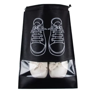 Black Drawstring Nonwoven Shoe Bags with Custom Logo Convenient Carry for Travel and Home Storage Option
