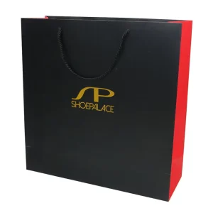Black Eco Friendly Customized Hot Stamping Foil Shopping Recyclable Shoe Packaging Paper Bags Supplier for Clothing