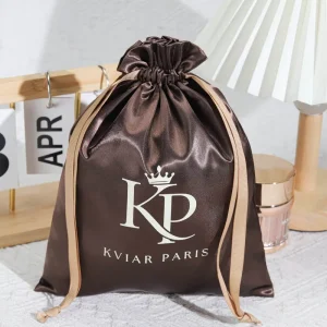 Brown Satin Drawstring Bag Pouch Hair Packaging Custom Logo Printed Gift Shoe Hat Hair Bundle Dust Satin Bag