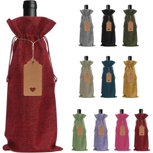 Burlap Wine Gift Bags Christmas Wine Bottle Cover with Drawstring Tags and Ropes Wedding Birthday Holiday Party