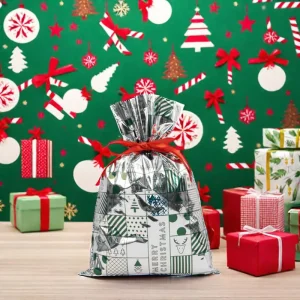 Christmas Aluminum Foil Drawstring Packaging Bags Plastic Material For Holiday Gift Wrapping