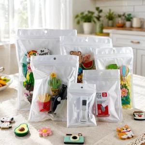 Clear Front White Back Side Gusset PE Packaging Bags With Gravure Printing Reclosable Zipper Top And Hanging Hole