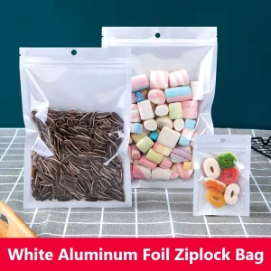 Clear Front White Backed Hanging Zipper Barrier Bags Metallized Finish for Food Storage Accept Custom Logo