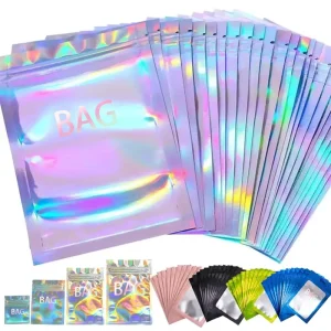 Clear Silver Reclosable Mylar Bags For Zip Heat Sealable Rainbow Foil Holographic Pouch Bags