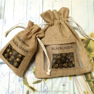 Coffee Beans Jute Drawstring Bag with Transparent PVC Window