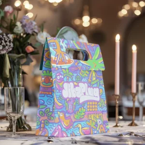 Colorful Printing Portable Cosmetic Handmade Jewelry Wedding Boutique Makeup Sport UV Paper Bag With Die Cut Handles