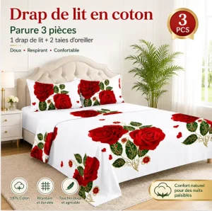 Cotton Bed Sheet Set 3 Pieces Floral Drap De Lit En Coton with 1 Flat Sheet and 2 Pillowcases