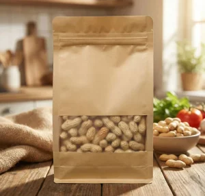 Custom 250g 300g 500g 1000g Brown Kraft Paper Stand up Pouch Zipper Window PE Laminated Recycle Sustainable for Nuts Dry Fruits