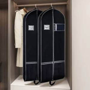 Custom 43″ Nonwoven Garment Suit Bags Black PVC Card Holder Pockets Breathable Dress Suit Cover Storage for Travel