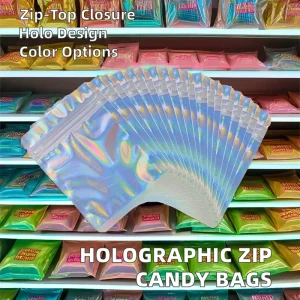 Custom Aluminum Foil Transparent Holographic Zipper Bag Resealable Smell Proof PET Food Packaging Mylar Small Ziplock for Powder