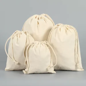 Custom Beige 100% Cotton Drawstring Storage Bag with Rope Handle for Shopping Use