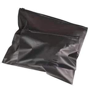 Custom Black Plastic Ziplock Waterproof Recyclable Biodegradable Garment Packaging Bag Vent Valve Hanging Hole Frosted Design
