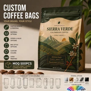 Custom Branded Logo Flexo Printed Recyclable Flat Bottom Bag Coffee Bean Packaging Pouch with Valve (PET+VMPET+PE Material)
