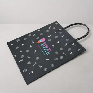Custom Fashion Black Kraft Paper Bags With Black Paper Rope Handles for Dress Jewelry Retail Packaging