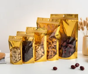 Custom Holographic 3.5g Mylar Ziplock Bags Glossy Gold Edible Gummy Cookie Candy Stand up Pouch Resealable