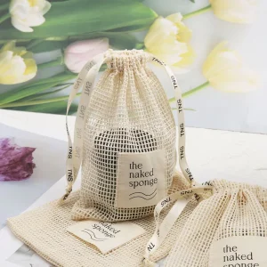 Custom Label Logo Cotton Mesh Drawstring Candle Gift Bag Natural Mesh Cotton Cosmetic Shopping Drawstring Pouch With Ribbon
