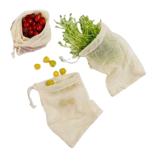 Custom Large Reusable Organic Cotton Net Mesh Bag Drawstring Summer Biodegradable Eco friendly for Fruit and Vegetable Storage
