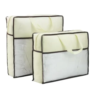 Custom Logo Breathable Non Woven Bedding Packaging Bag with Clear PVC Window Foldable Quilt Storage Bag for Blanket Clothing