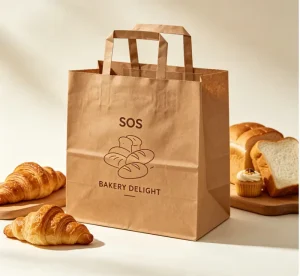 Custom Logo Brown Kraft Paper SOS Carry Bags Takeaway Packaging Bags for Bakeries Restaurants Lunch Delivery
