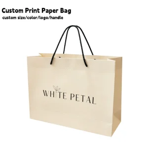 Custom Logo Design Luxury Beige Paper Gift Bags for Fashion Dress and Long Gown Packaging